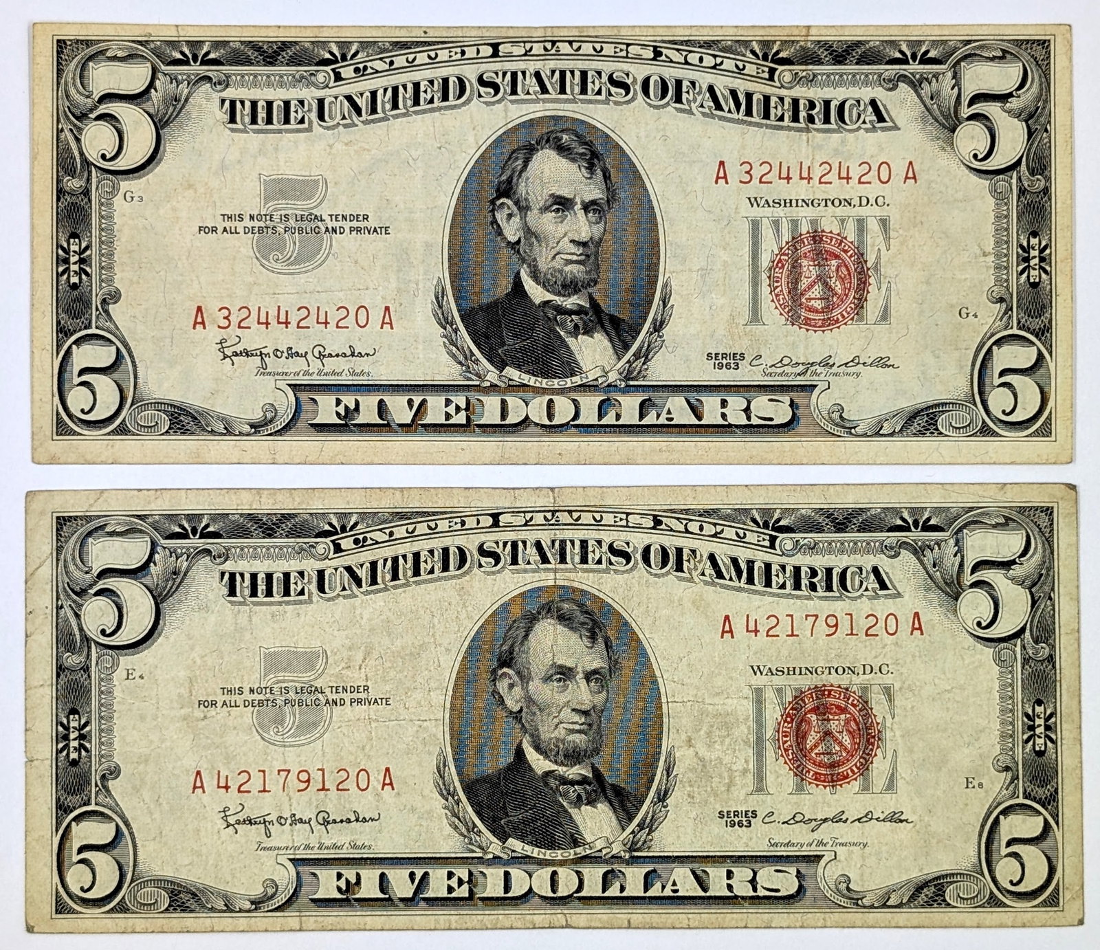 Lot of 2 - 1963 $2 Notes - Red Seals: Circulated