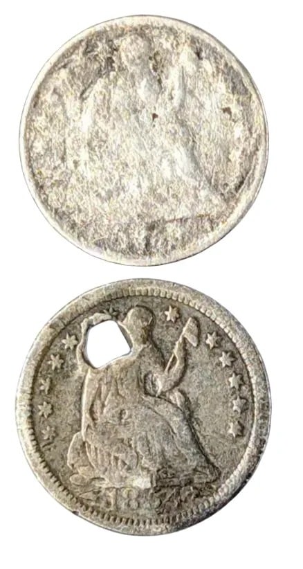 Lot of 2 Silver Half Dime- Datless, 1857-O: Heavily Circulated