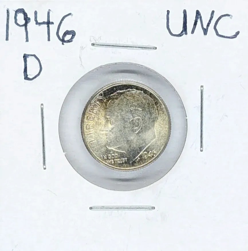 1946-D Uncirculated Silver Roosevelt Dime- First Year of Issue, Toned: _