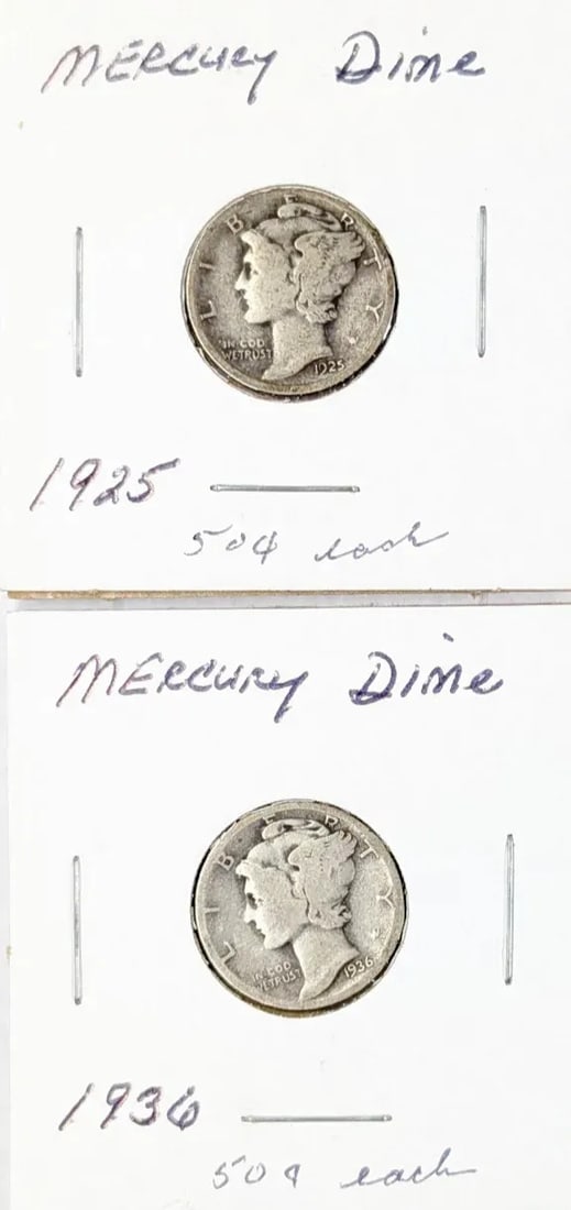 Lot of 2 Silver Mercury Dimes - 1925, 1936 (1 of 2)