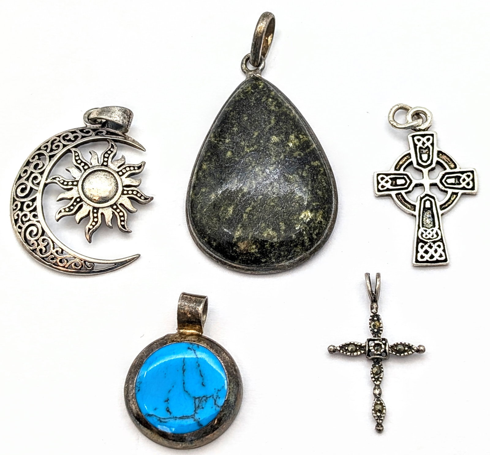 Lot of 5 Sterling Silver Pendants- Crosses, Moon, Stones: 23.38 g Total of All