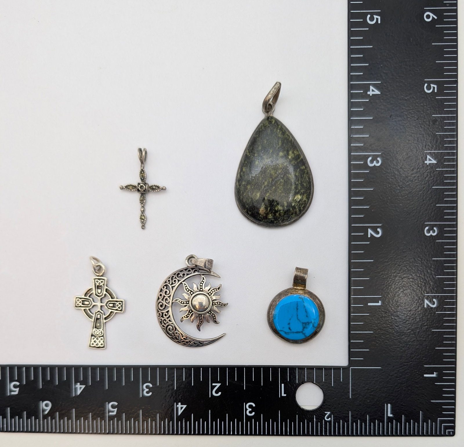Lot of 5 Sterling Silver Pendants- Crosses, Moon, Stones - 8