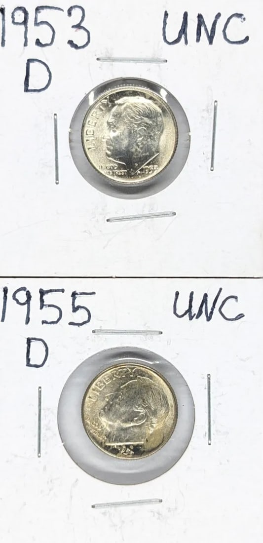 Lot of 2 Uncirculated Silver Roosevelt Dimes - 1953-D, 1955-D: _