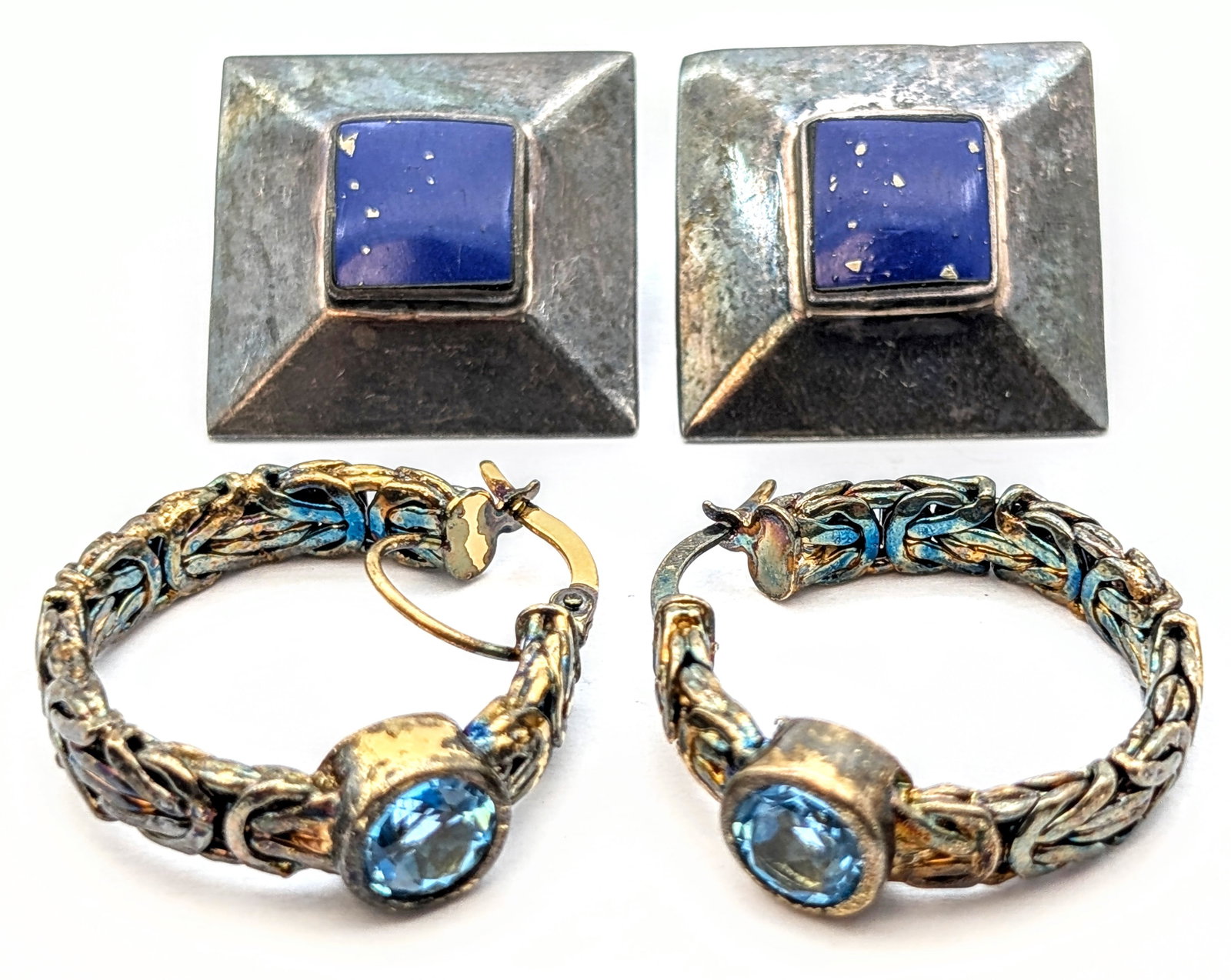 Lot of 2 Vintage Sterling Silver Earrings- Square, Hoop: _
