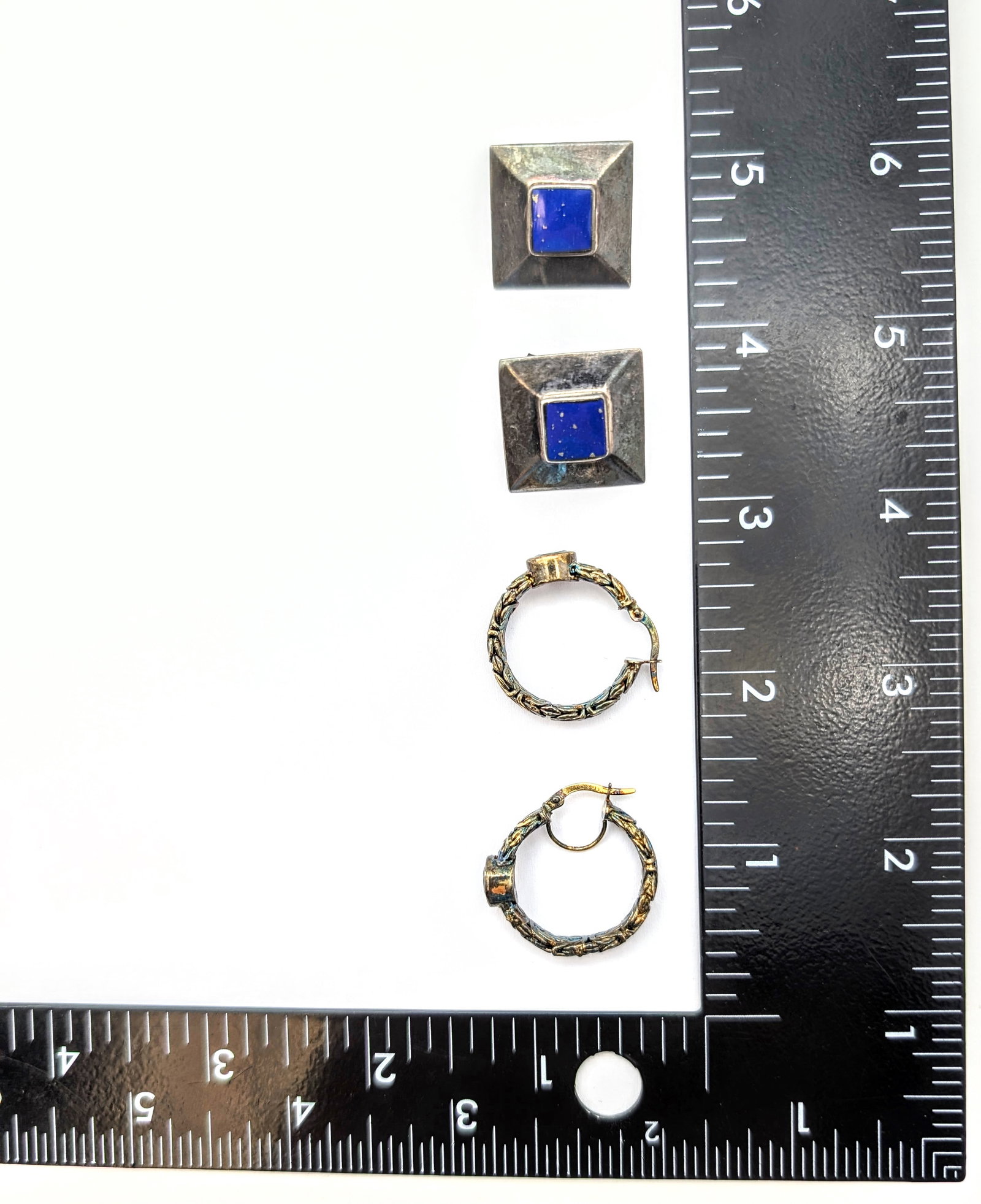 Lot of 2 Vintage Sterling Silver Earrings- Square, Hoop - 6