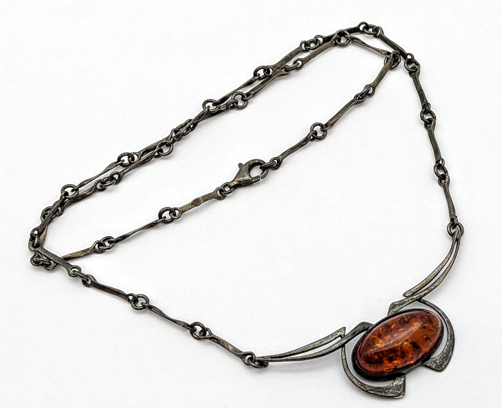 Vintage Sterling Silver Baltic Amber Modernist Necklace- 13.53 g - 2