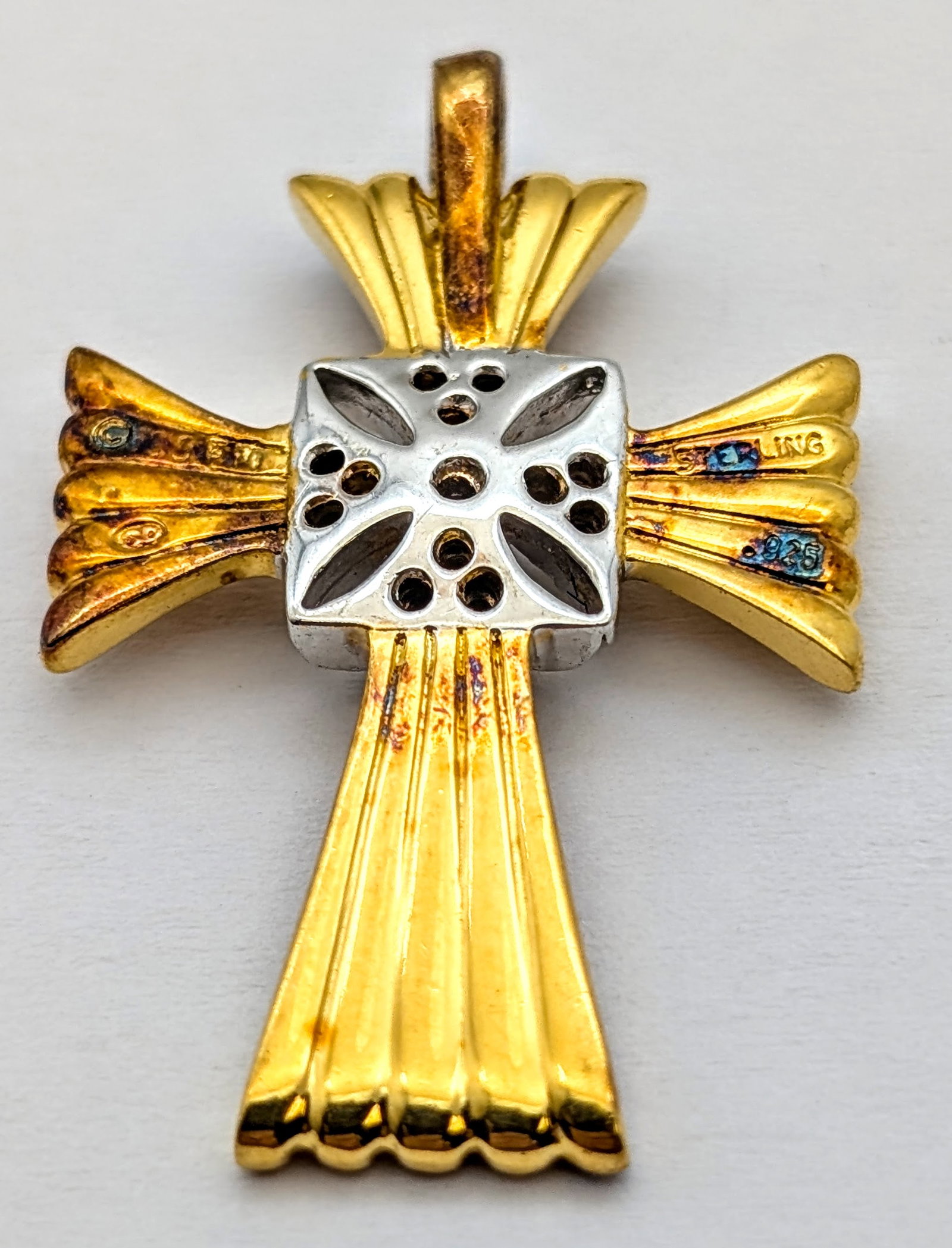 Vintage Sterling Silver Two Toned Cross Pendant - 3
