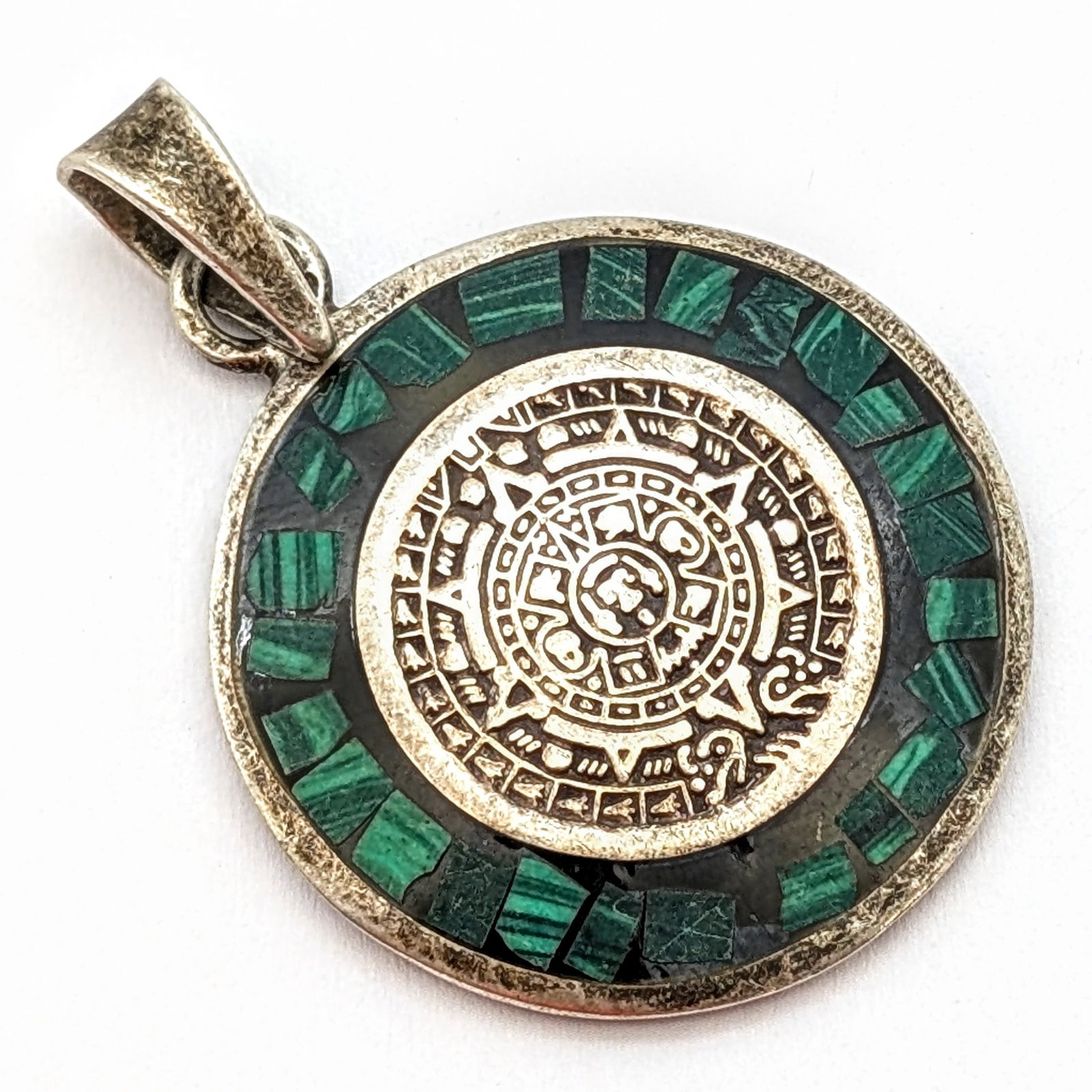 Vintage Mexican Sterling Silver 925 Malachite Mosaic Aztec Calendar Pendant: _