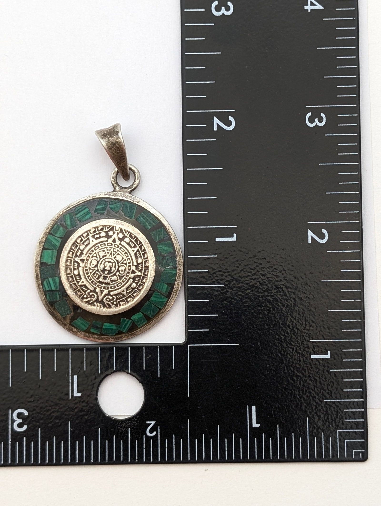 Vintage Mexican Sterling Silver 925 Malachite Mosaic Aztec Calendar Pendant - 3