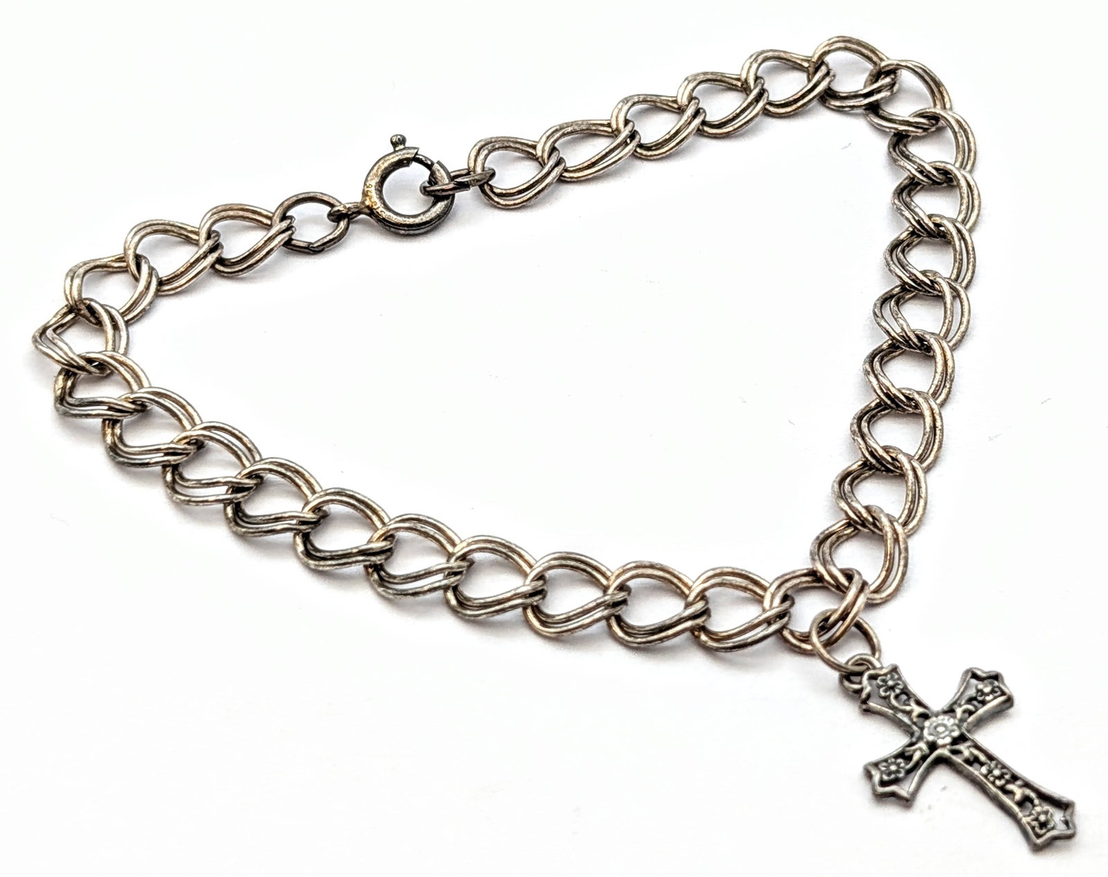 Vintage Sterling Silver Cuban Link Chain Bracelet w/ Cross Charm - 2