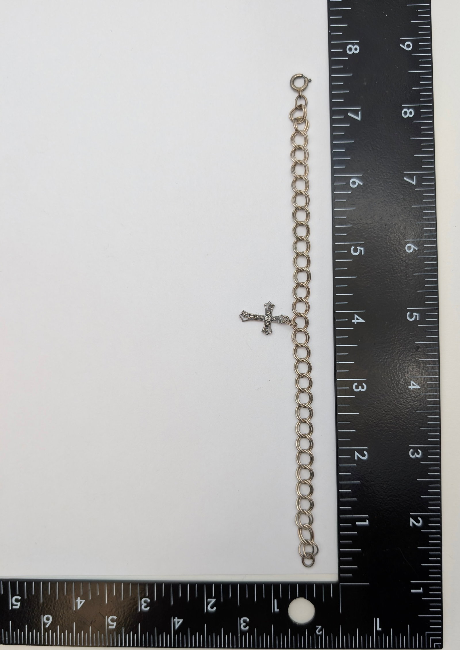 Vintage Sterling Silver Cuban Link Chain Bracelet w/ Cross Charm - 6