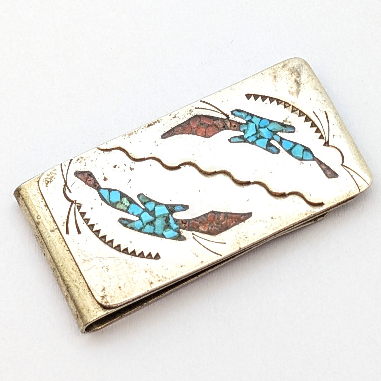 FEATURE - Antique Sterling Silver Money Clip with Turquoise Accents: _