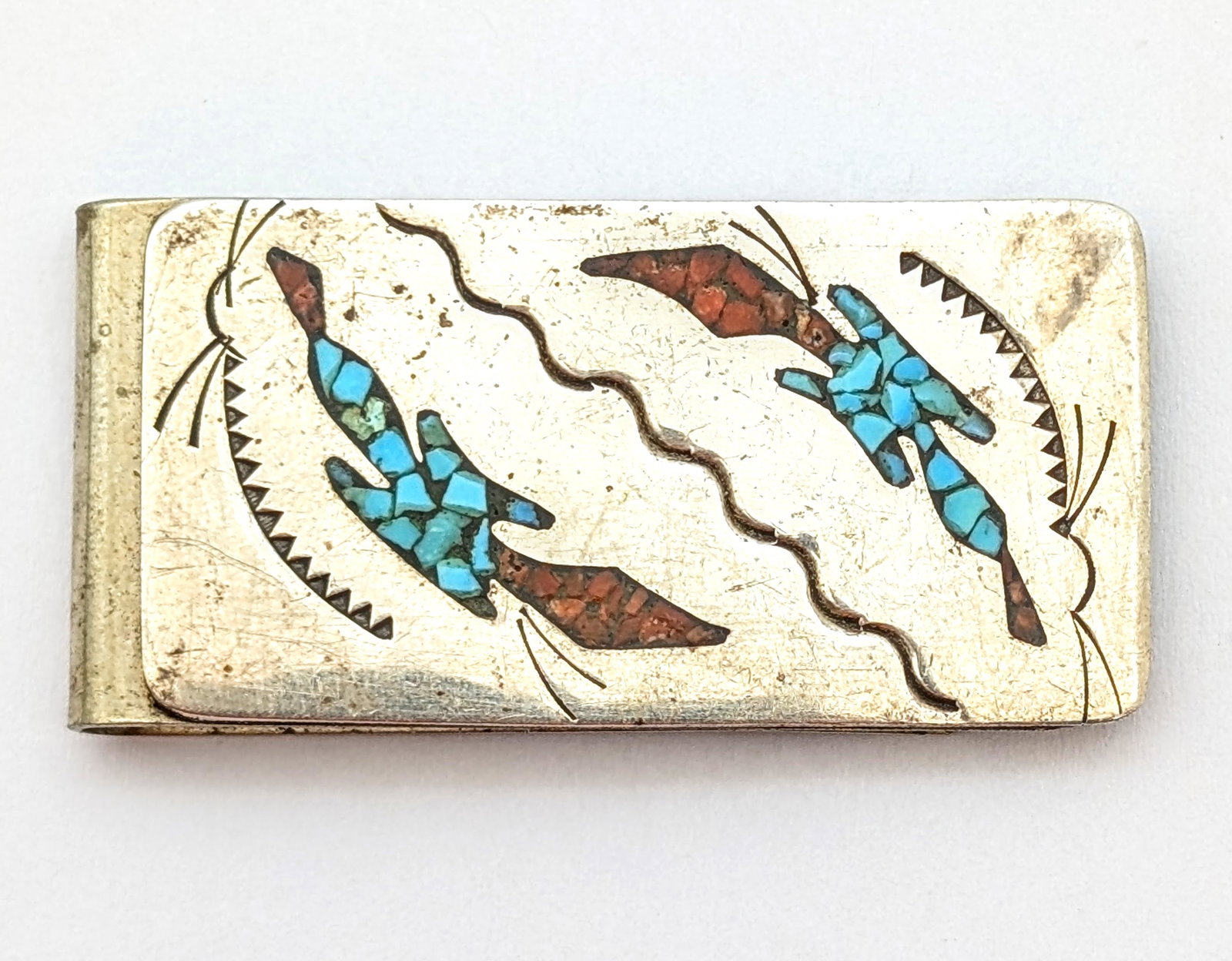 FEATURE - Antique Sterling Silver Money Clip with Turquoise Accents - 2