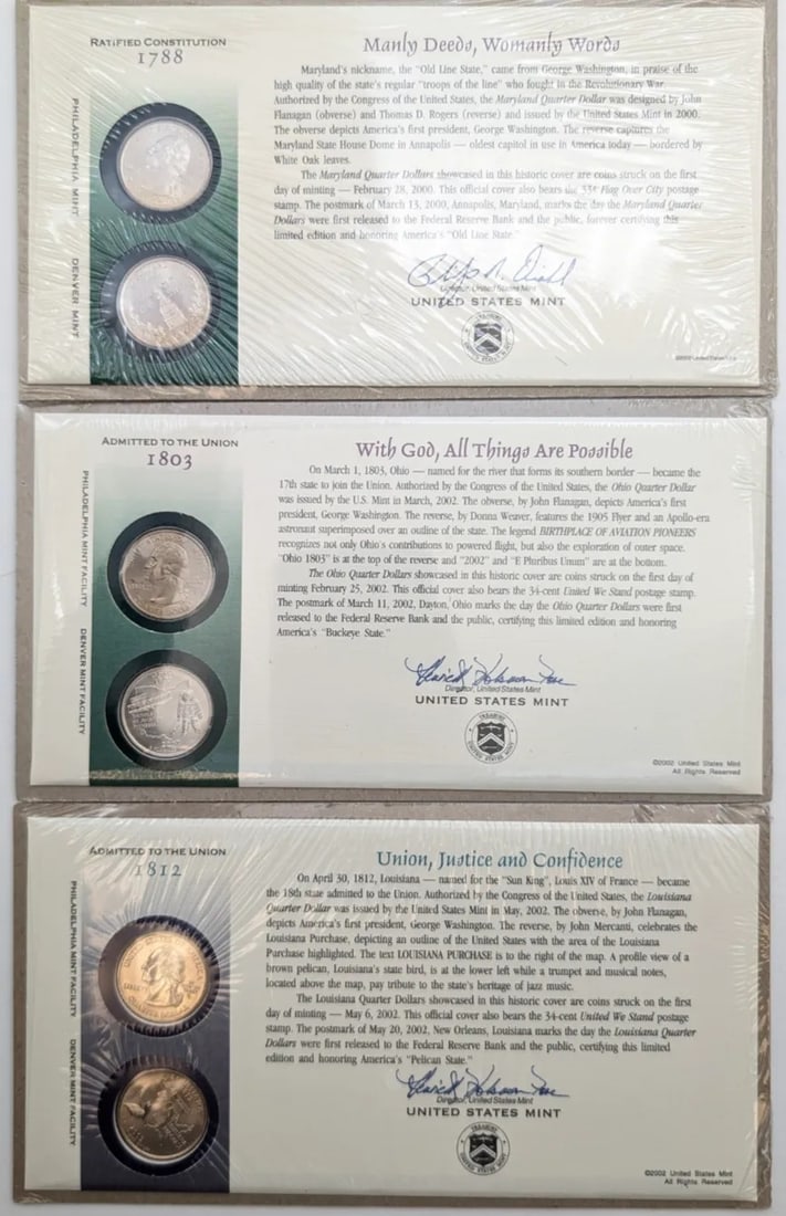 Lot of 2 US Mint First Day Issue State Quarter Coin Sets- 2000 MD, 2002 OH, 2002 LA: _