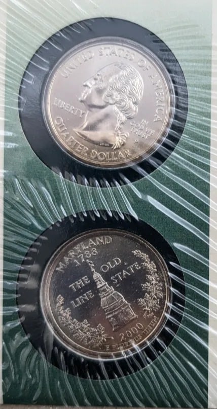 Lot of 2 US Mint First Day Issue State Quarter Coin Sets- 2000 MD, 2002 OH, 2002 LA - 2