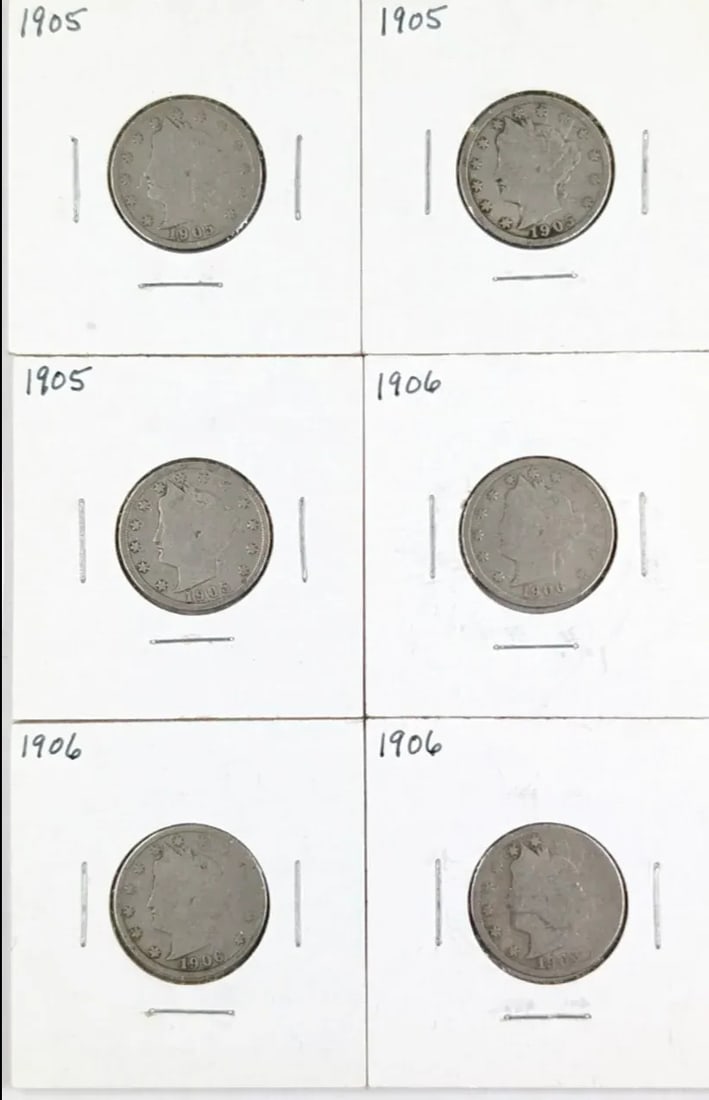 Lot of 6 V Nickels- 1905(3), 1906(3): _