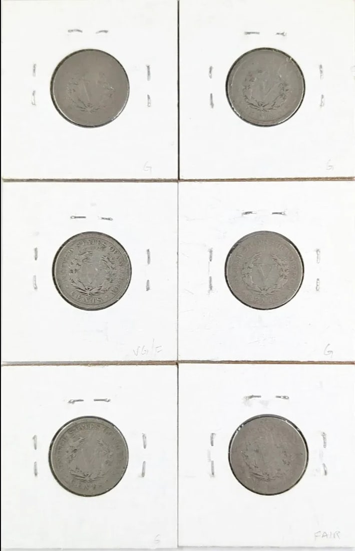 Lot of 6 V Nickels- 1905(3), 1906(3) - 2