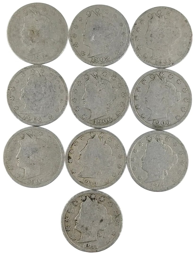 Lot of 10 V Nickels-1901-1911: _