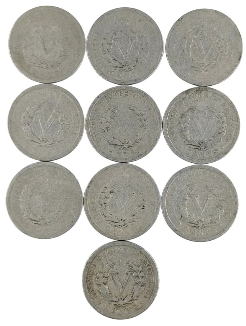 Lot of 10 V Nickels-1901-1911 - 2