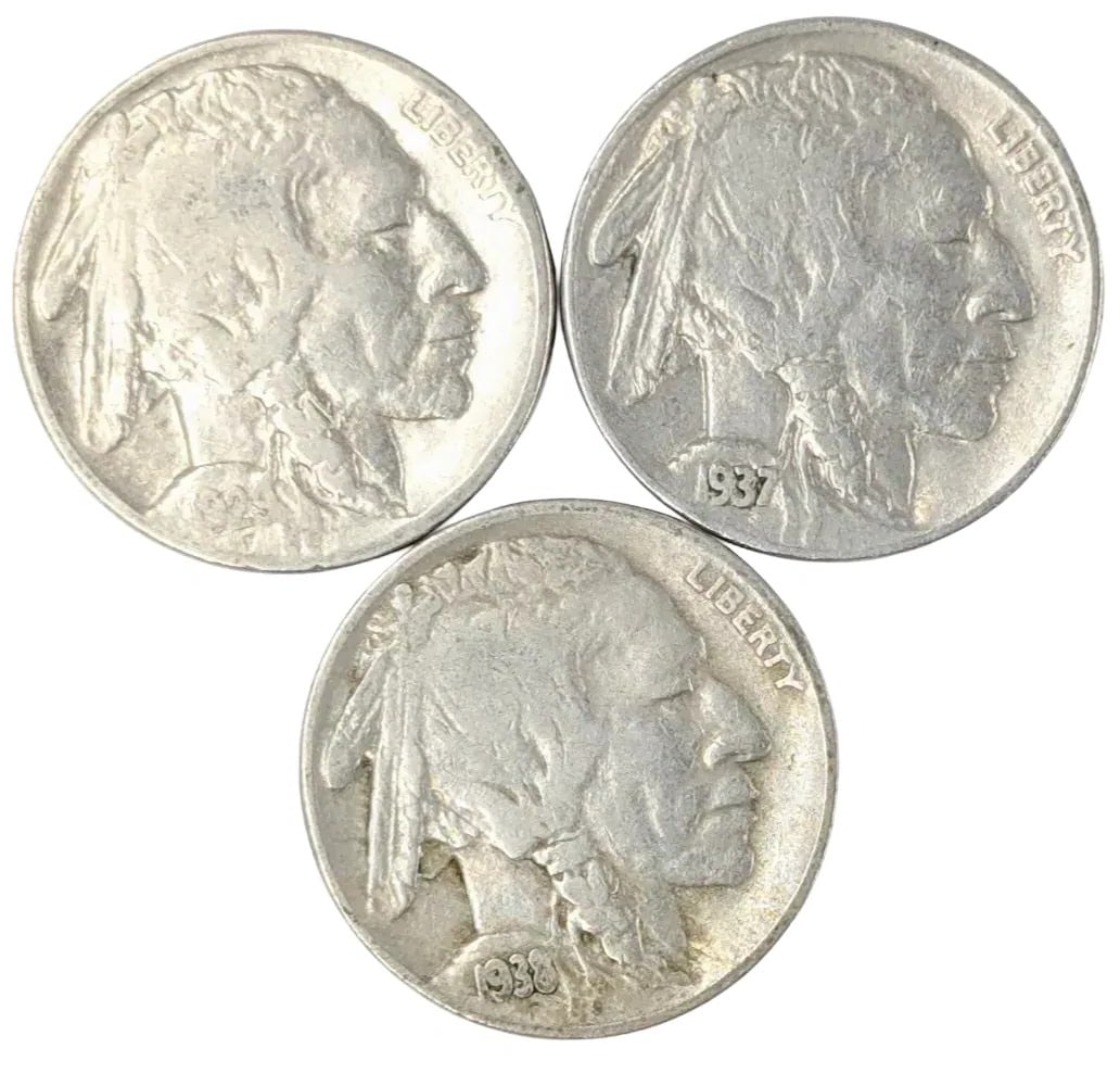 Lot of 3 Buffalo Head Nickels - 1929, 1937, 1938-D: _