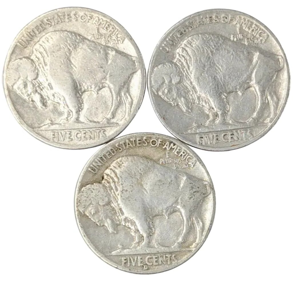 Lot of 3 Buffalo Head Nickels - 1929, 1937, 1938-D - 2