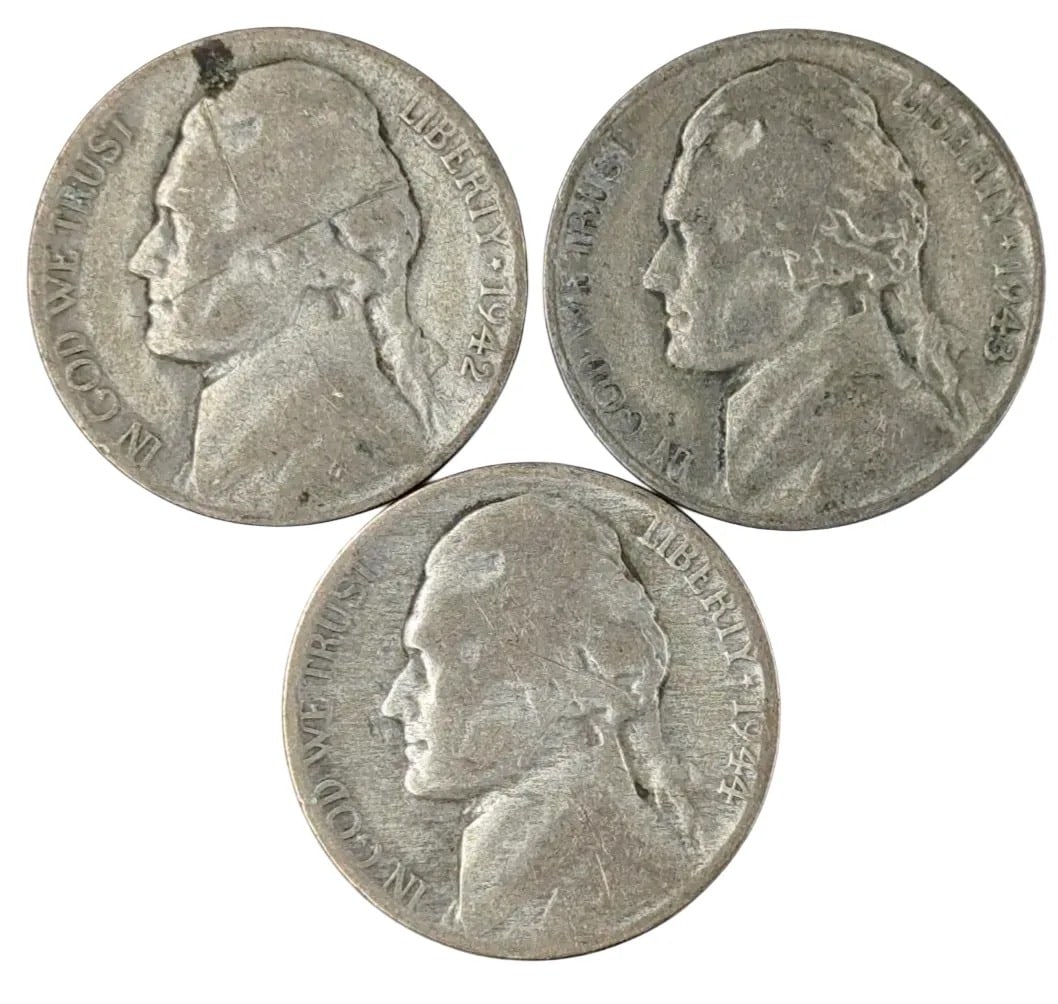 Lot of 3 Silver War Nickels - 1942, 1943-S, 1944: _
