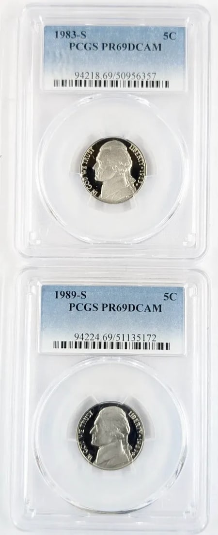 Lot of 2 PCGS PR 69 Jefferson Nickels- 1983-S, 1989-S: _