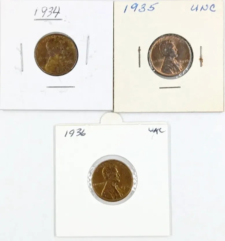Lot of 3 Uncirculated Wheat Cents- 1934, 1935, 1936: _