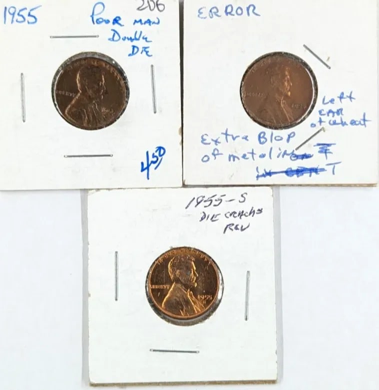 Lot of 3 1955 Error Wheat Cents- Poor Man Double Die, Extra Blop, Die Cracks Reverse: _