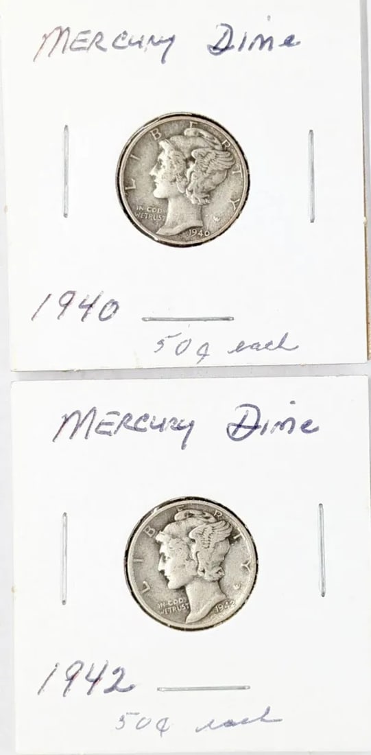 Lot of 2 Silver Mercury Dimes - 1940, 1942 (1 of 2)