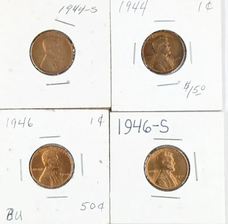 Lot of 4 Wheat Cents- 1944 P/S, 1946 P/S: _