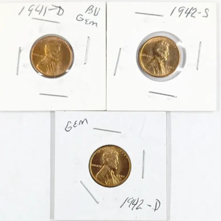 Lot of 3 Uncirculated Wheat Cents- 1941-D, 1942-D/S: _