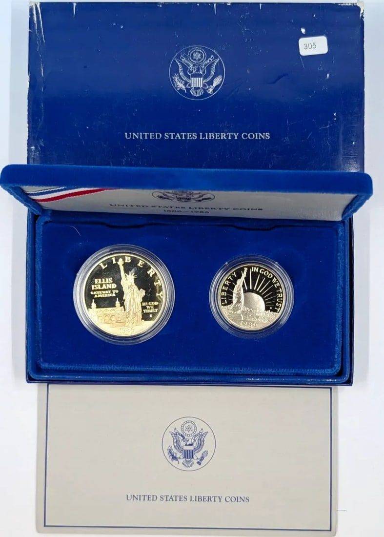 1986 US Statue of Liberty Commemorative 2-Coin Proof Set- Silver Dollar, Clad Half Dollar: _