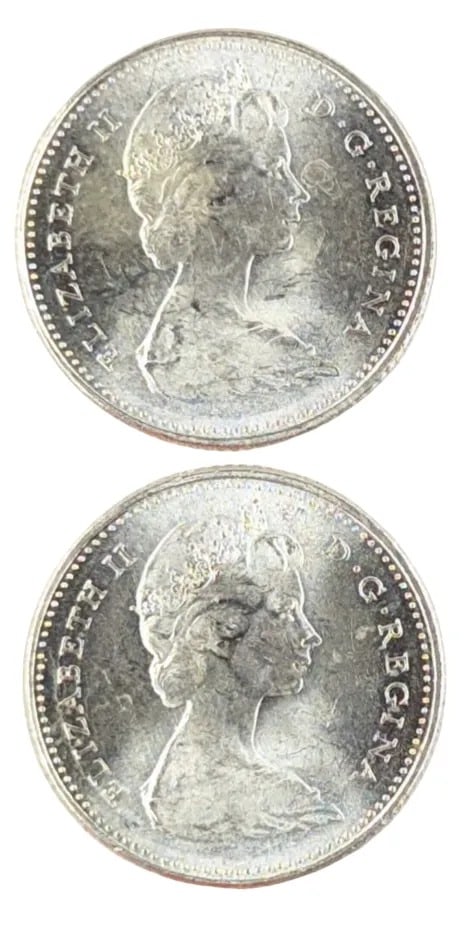 Lot of 2 Silver Canadian Dimes- 1966: _
