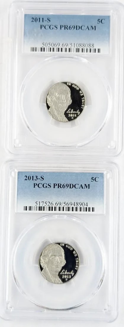 Lot of 2 PCGS PR 69 Jefferson Nickels- 2011-S, 2013-S: _
