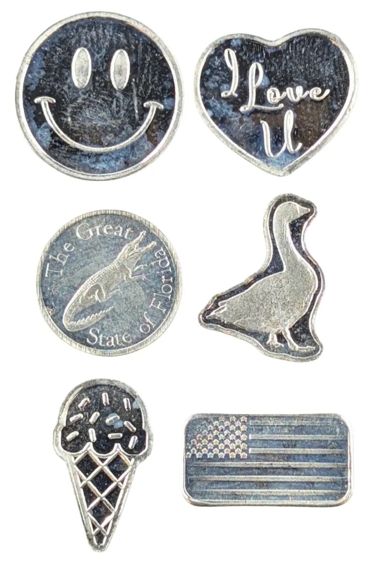 Lot of 6, one gram Silver Pieces - All Fine .999: _