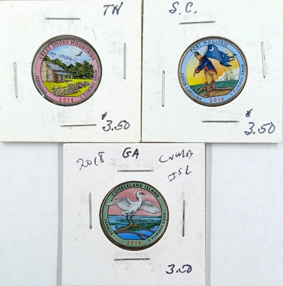 Lot of 3 Colorized Special Edition Quarters - TN, SC and GA: State Parks and Historical places of reference