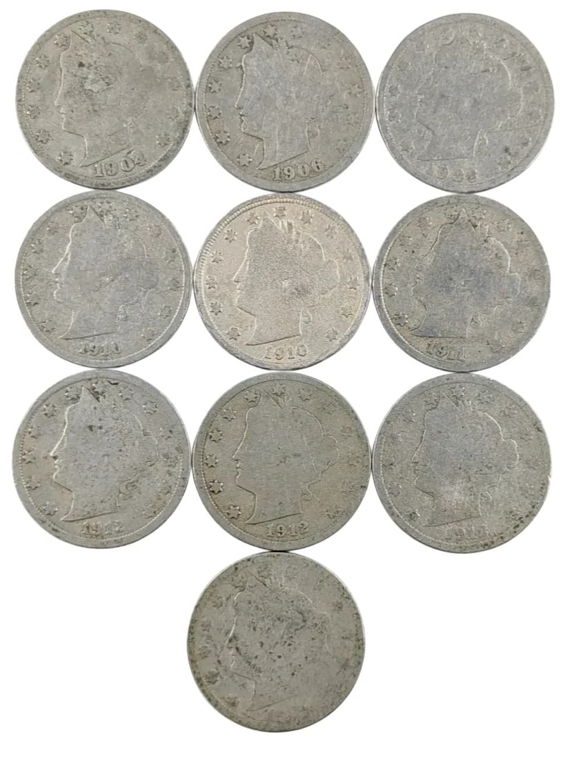 Lot of 10 V Nickels - Mixed Dates: _