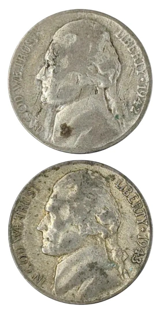 Lot of 2 Silver War Nickels - 1942 and 1943: _