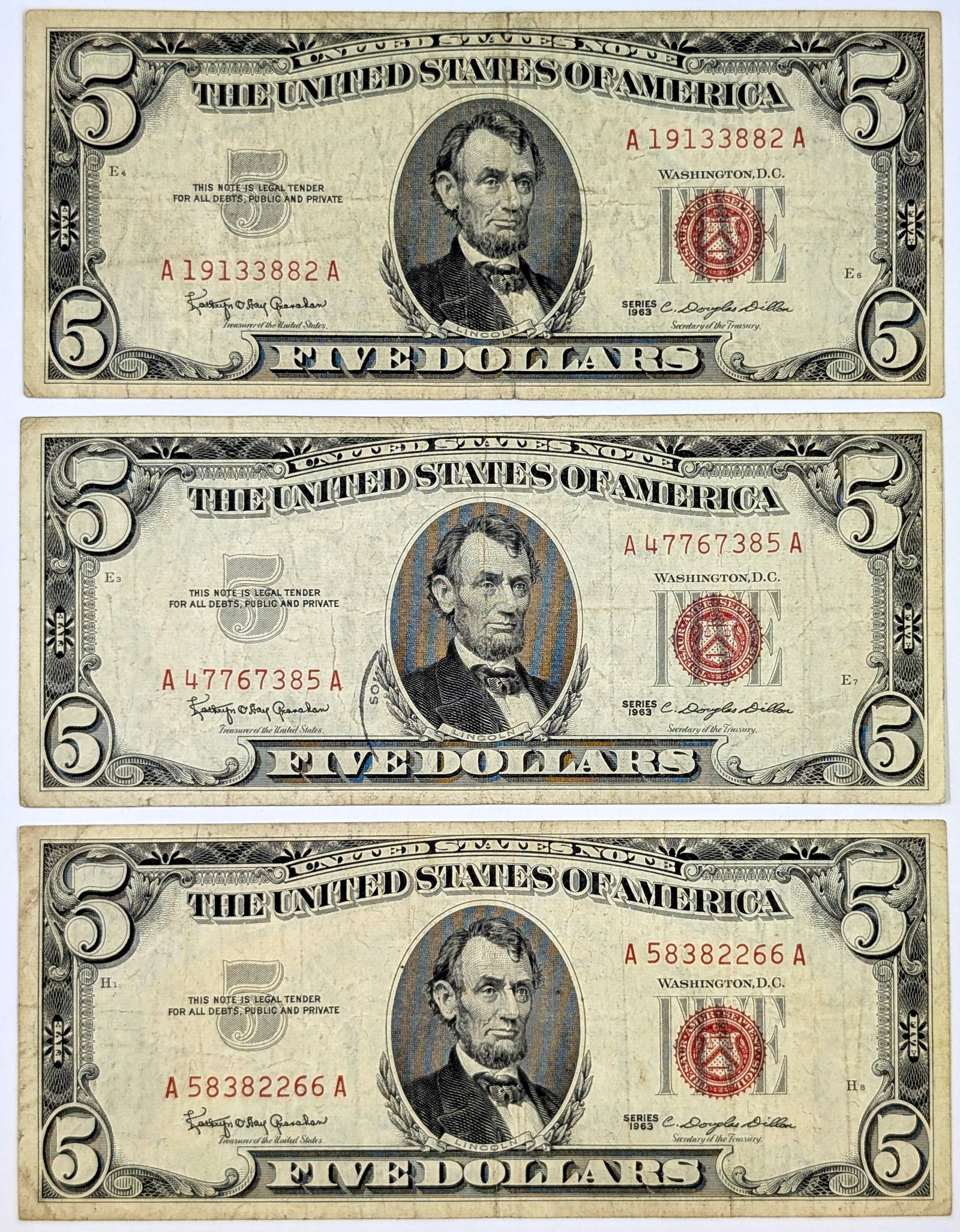 Lot of 3 1963 Series $5 Red Seal Notes (1 of 2)