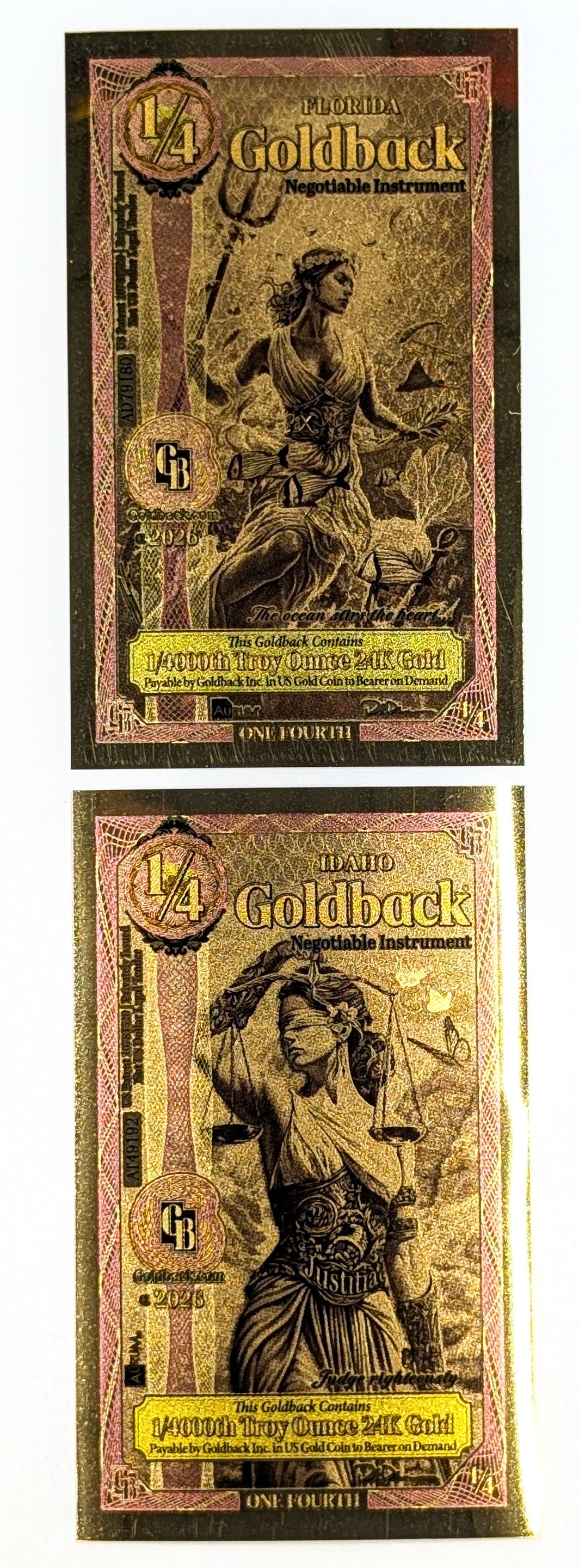 Lot of 2 1/4 Goldbacks - Idaho and Florida: _