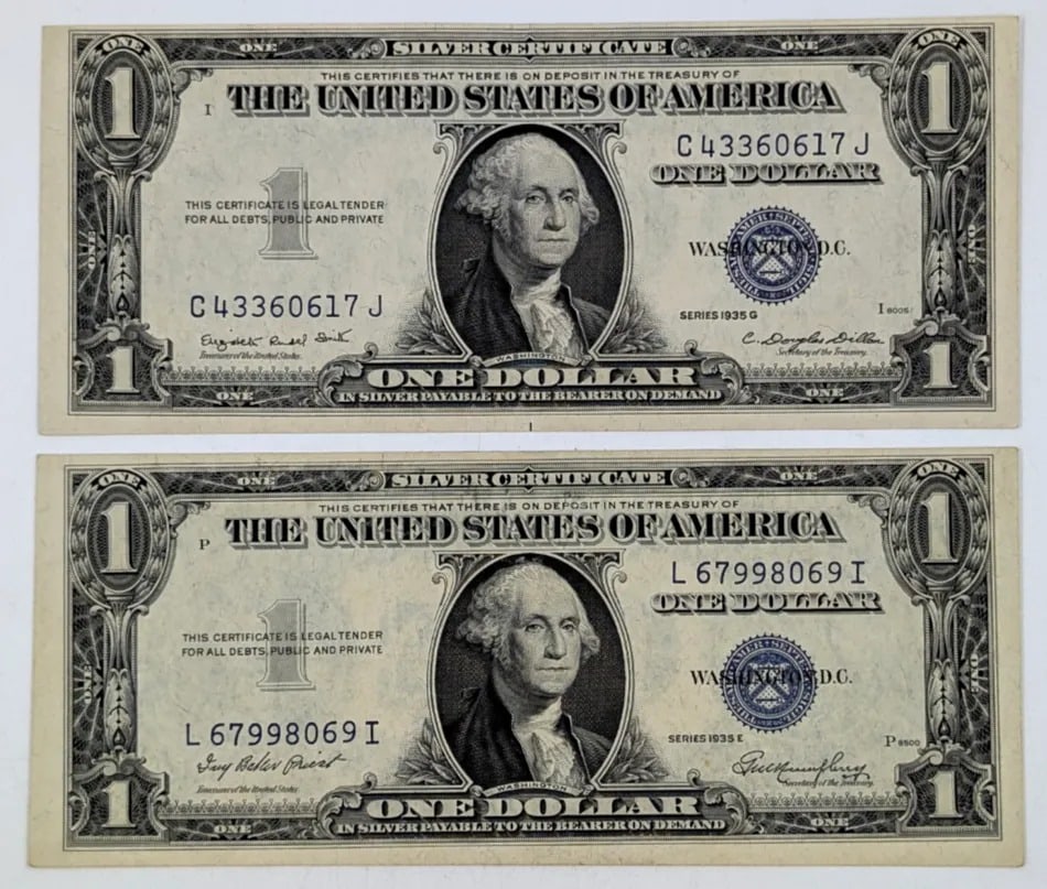 Lot of 2 1935 G/E Series Silver Certificate $1 Notes - GREAT Condition: Crisp, About Uncirculated