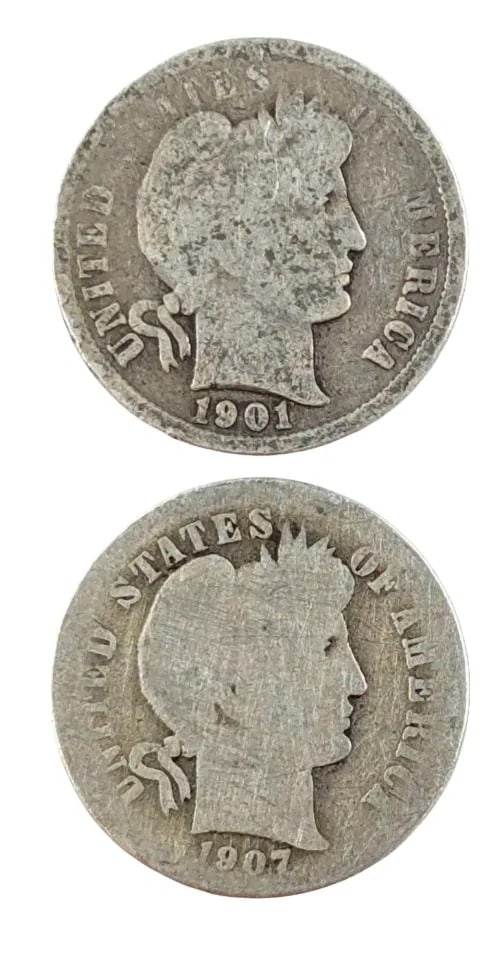 Lot of 2 Silver Barber Dimes- 1901, 1907: _