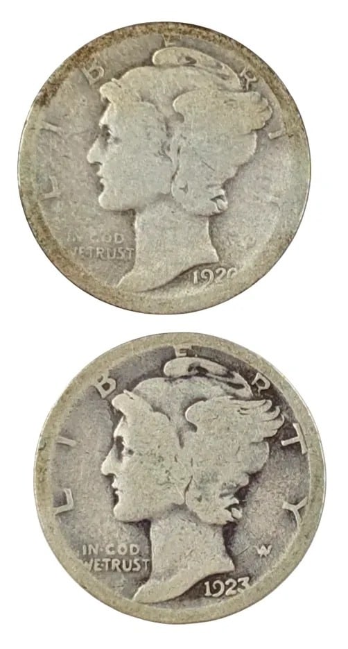 Lot of 2 Silver Mercury Dimes- 1920, 1923: _