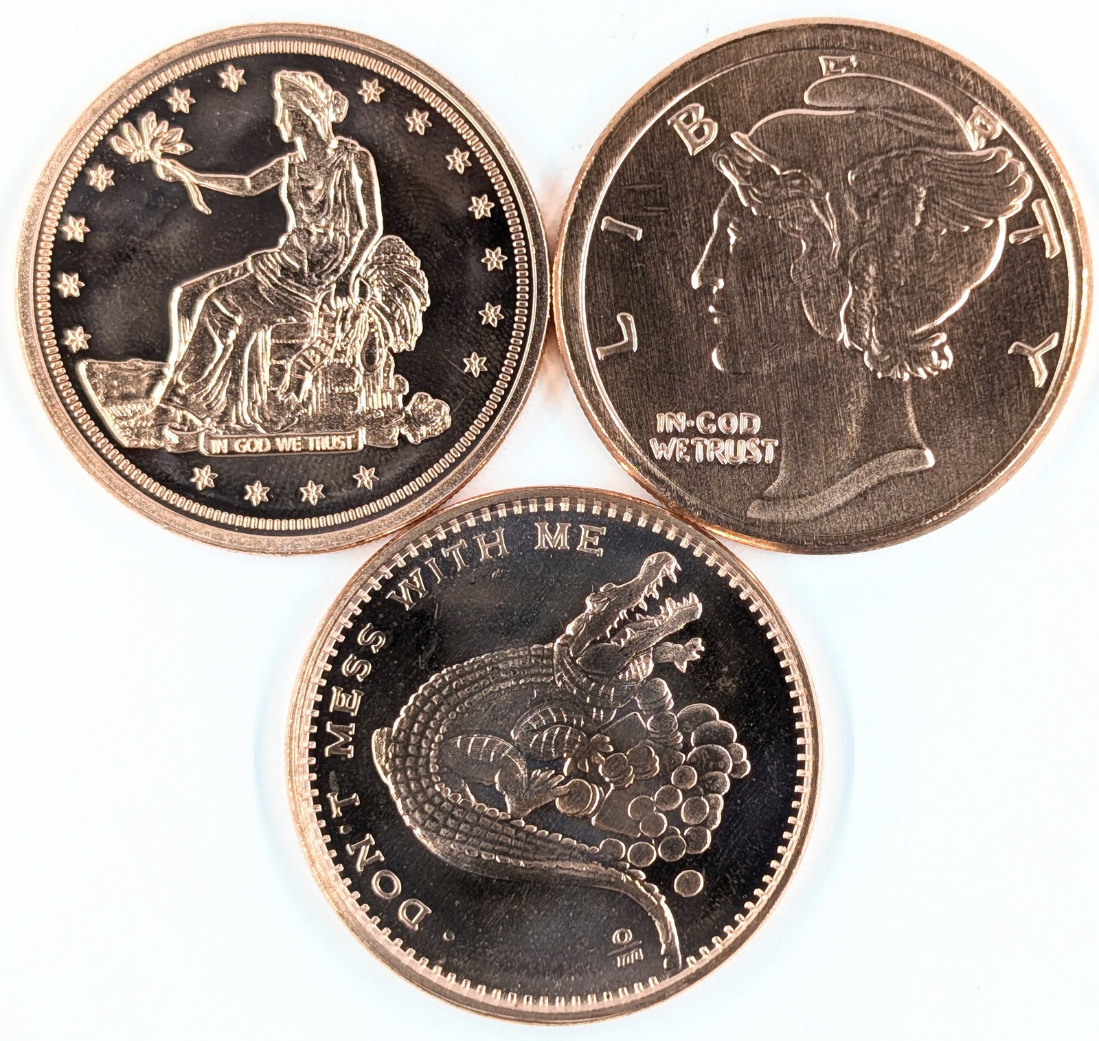 Lot of 3 Copper Rounds - Animals, Trade dollar & Dime: _