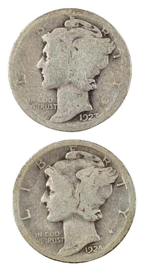 Lot of 2 Silver Mercury Dimes- 1923, 1924: _