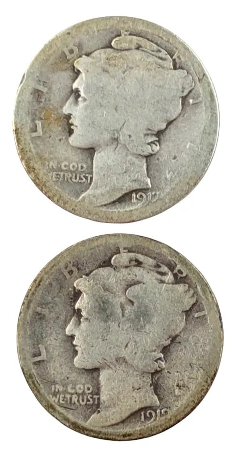 Lot of 2 Silver Mercury Dimes- 1917, 1919: _