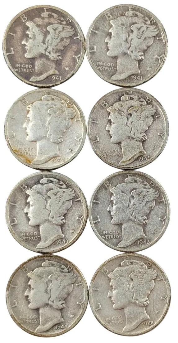 Lot of 8 Silver Mercury Dimes-1941-1944: _