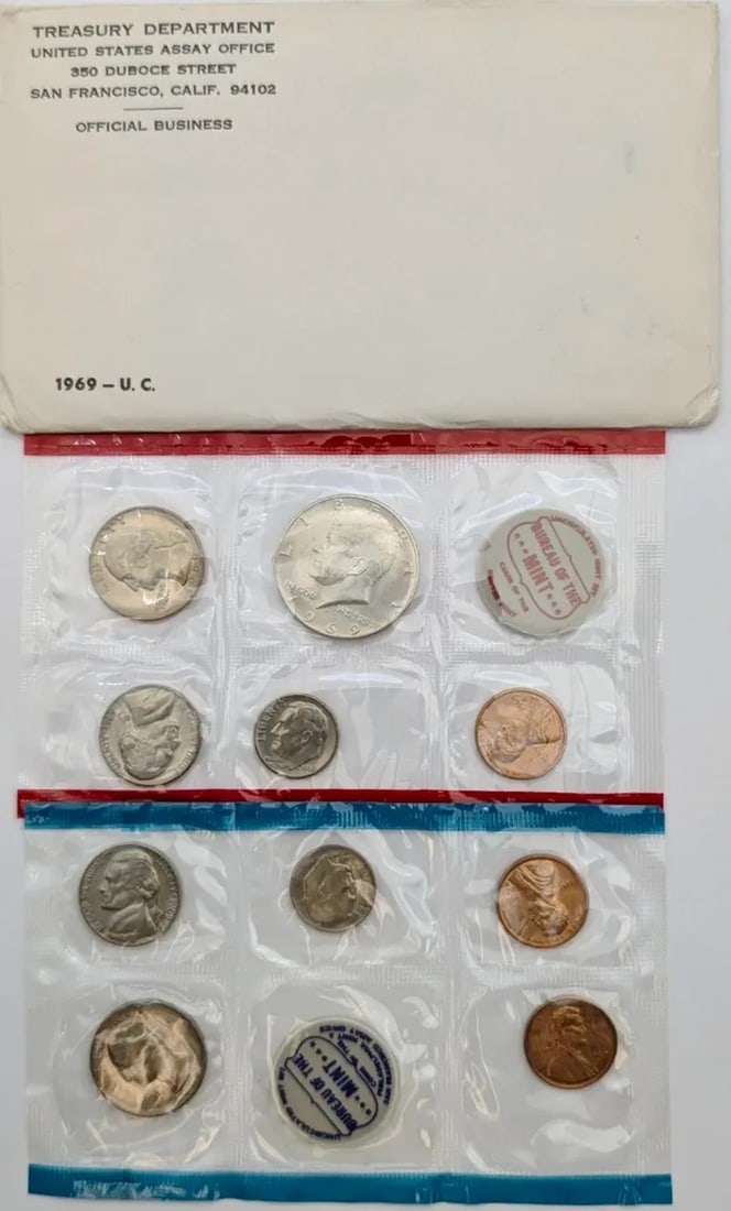 1969 US Mint Uncirculated Set w/ Silver JFK Half: 40% Silver