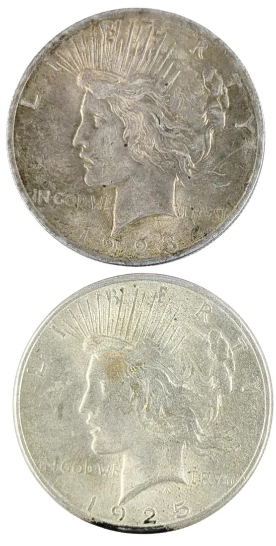 Lot of 2- Silver Peace Dollars- 1923, 1925: _
